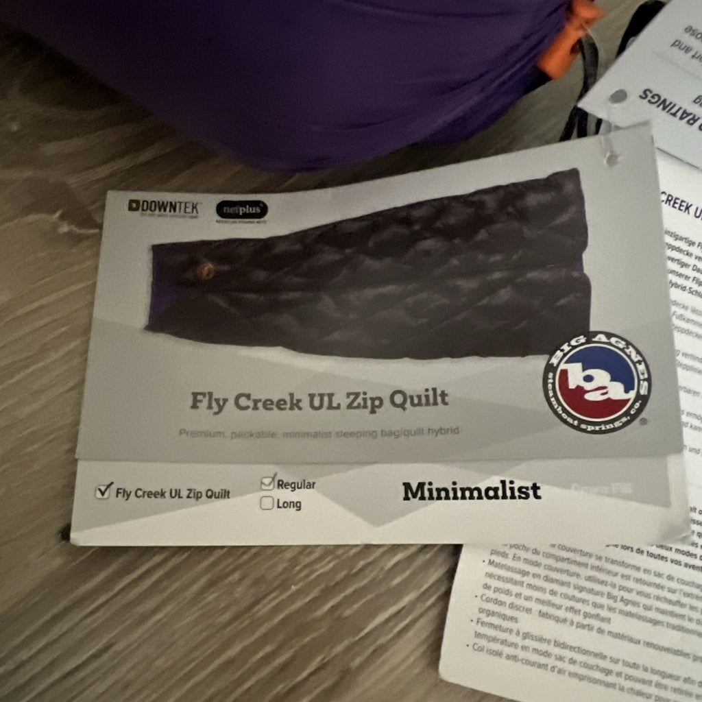 NEW! Big Agnes Fly Creek UL Zip Quilt Color Purple Size Regular 60x54x36 inches1